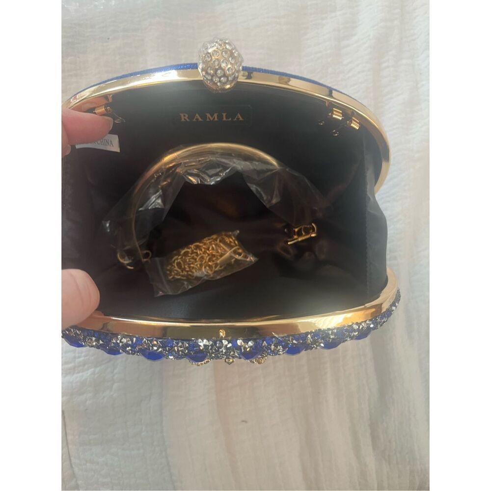Ramla handmade Sparkling Blue Simulate Diamond Womens Clutch Handbag with strap - Picture 4 of 11